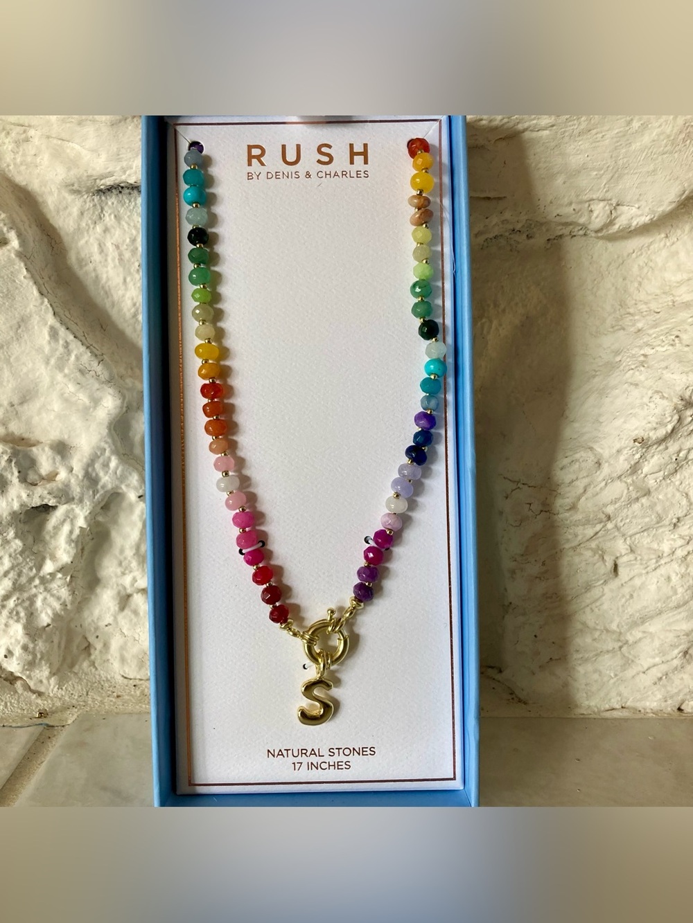 New in Box RUSH Multicolor Natural Stone Necklace with Gold 'S' Pendant